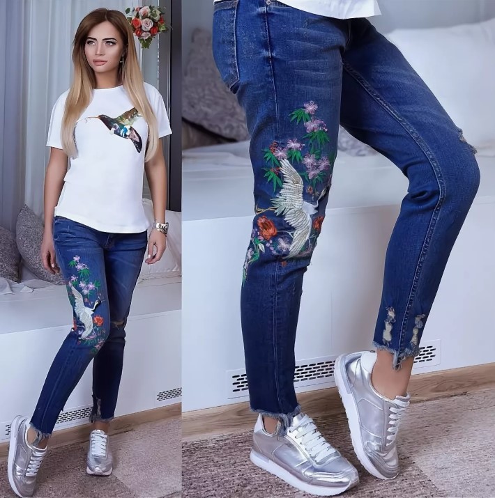 джинсы с вышивкой 4