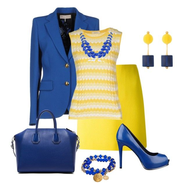 желтая юбка карандаш с синим и аксессуары