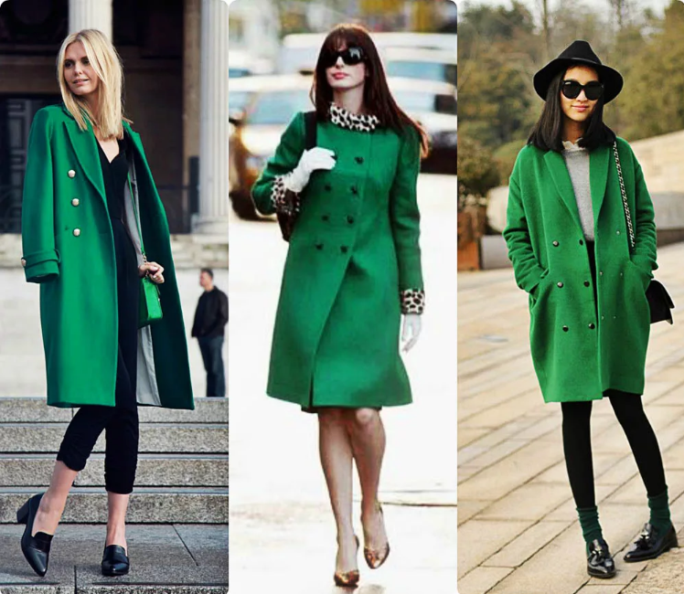 зеленое изумрудное пальто модели
