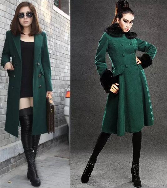 темно-зеленое изумрудное пальто с мехом